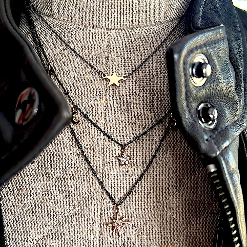 Multi Strand Chain Necklace W/Gold Plated & Crystal Star And Moon Charms - NEW